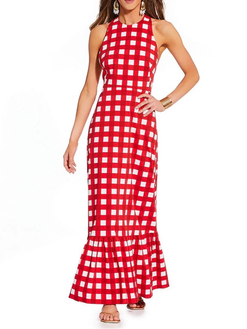 ANTONIO MELANI Red and White Gingham Halter Maxi with Flounce Hem